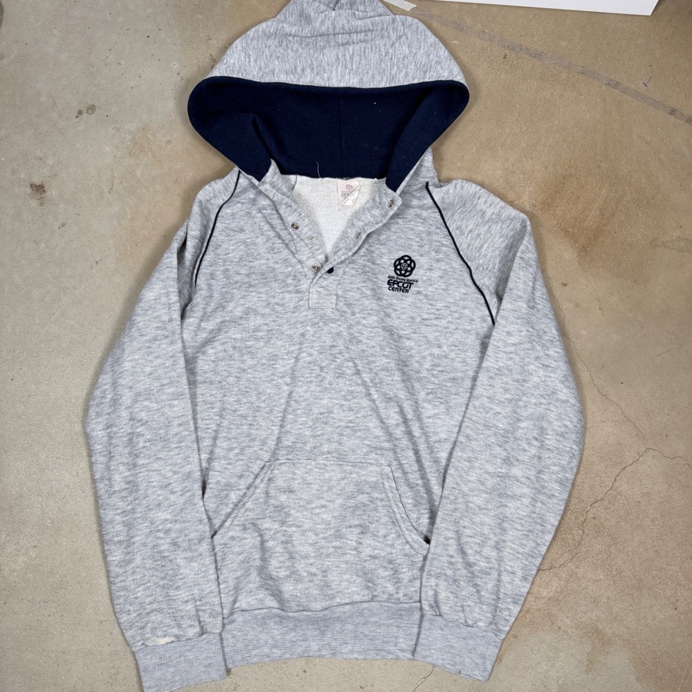 Vintage 80's Walt‎ Disney World Epcot Center Snap Button Hoodie Men's Large Gray